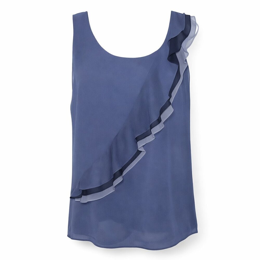 Ann Taylor LOFT Ruffle Trim Sleeveless Blouse L | Slate Blue Chiffon Lined Top